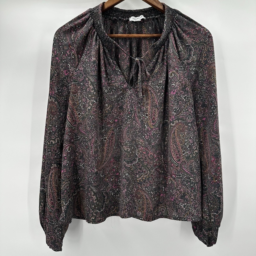 Evereve Blouse Womens Large Multicolor Dark Paisley Academia Smocking Smooth